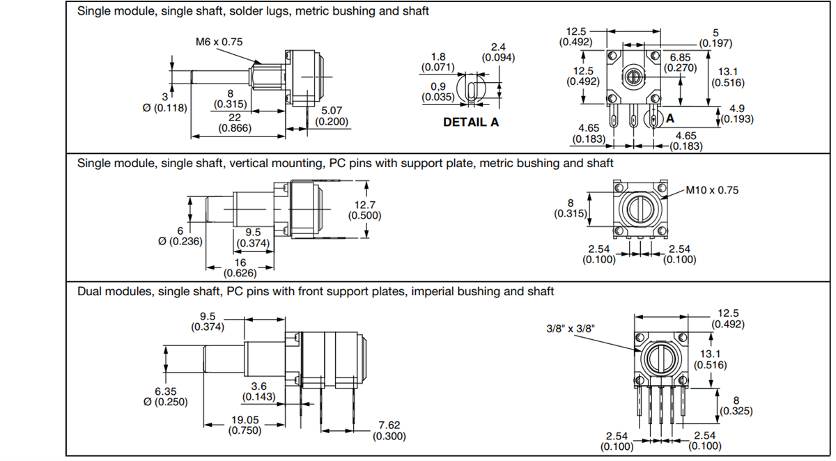 Mechanical Drawing - Vishay / Sfernice P11S/P11A Modular Panel Potentiometers